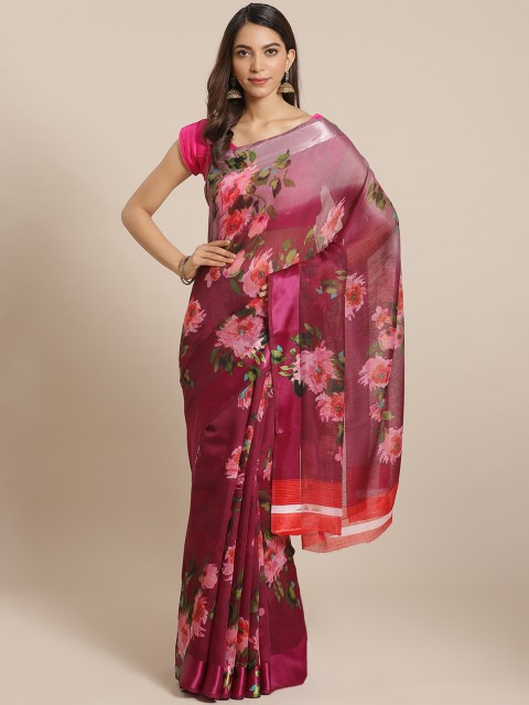 

Mitera Burgundy & Pink Floral Printed Saree