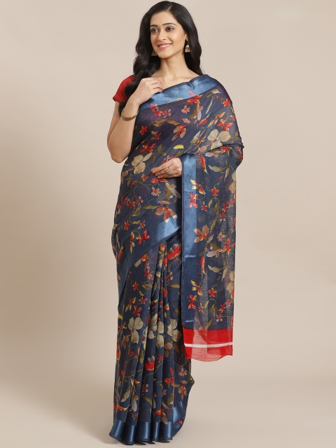 

Mitera Navy Blue & Red Floral Printed Saree