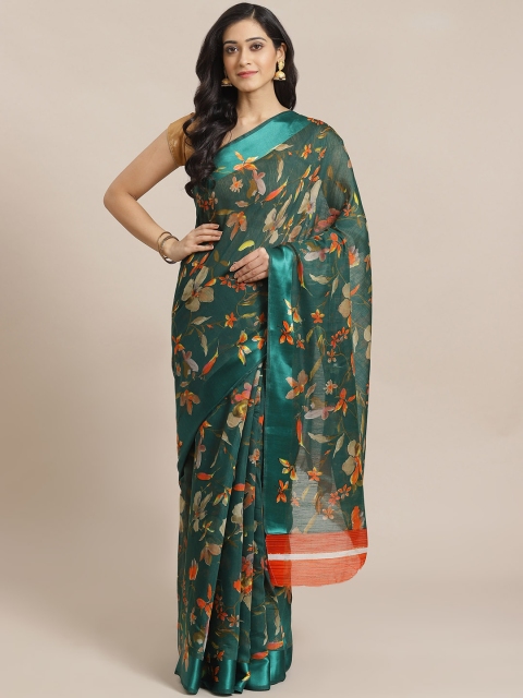 

Mitera Green & Orange Floral Printed Saree