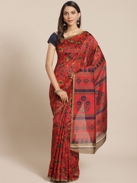 

Mitera Red & Navy Blue Ethnic Motif Print Saree