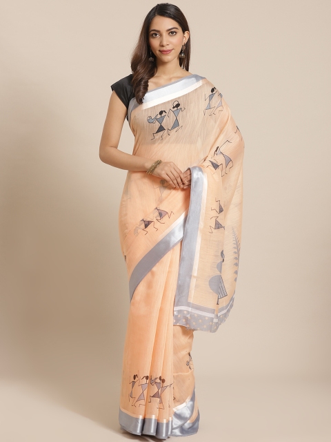 

Mitera Peach-Coloured & Grey Warli Print Saree