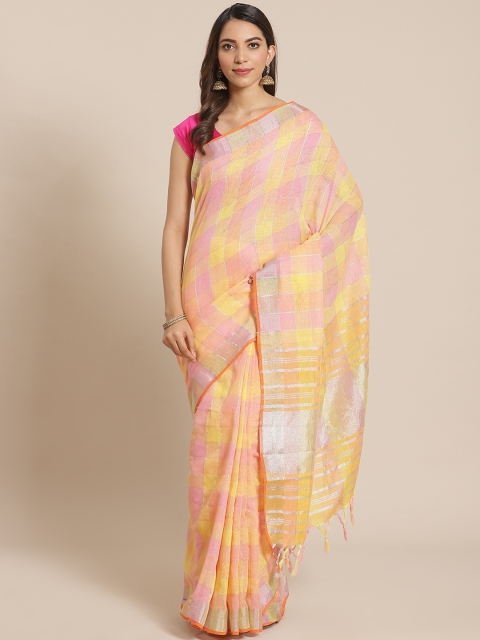 

Mitera Yellow & Pink Checked Saree