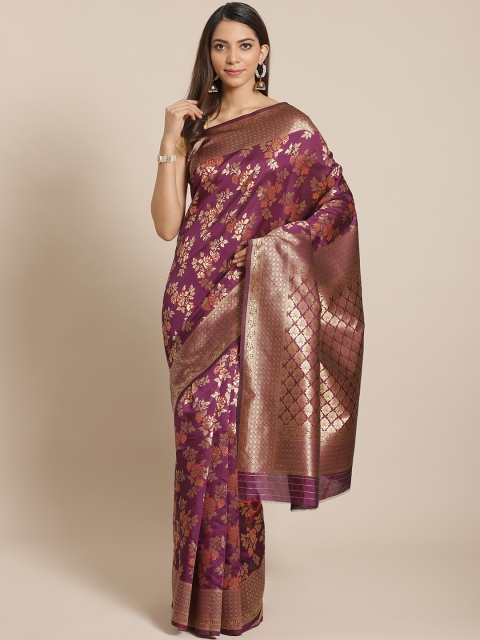 

Mitera Aubergine & Golden Zari Floral Woven Design Banarasi Saree, Purple