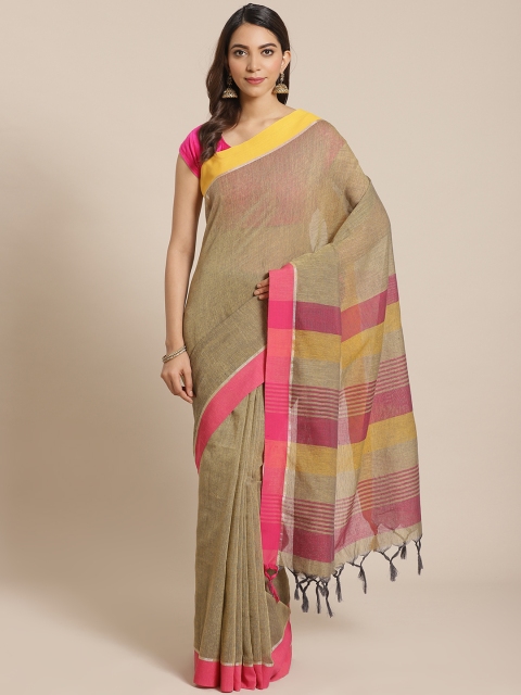 

Mitera Olive Green Solid Saree