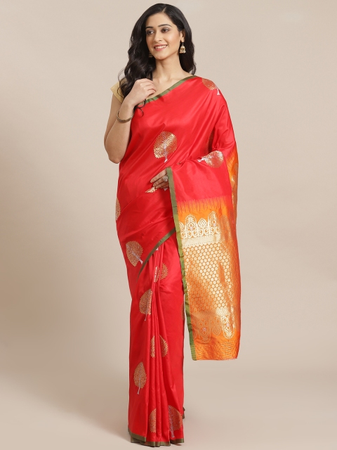 

Mitera Coral Orange & Golden Woven Design Banarasi Saree