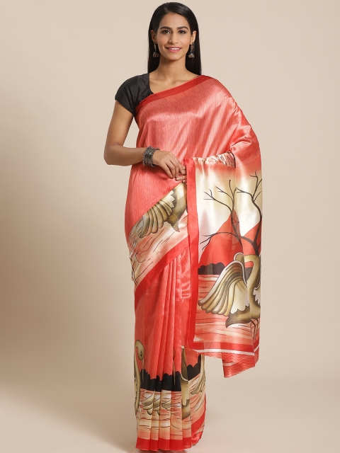 

KALINI Coral Pink & Beige Printed Saree