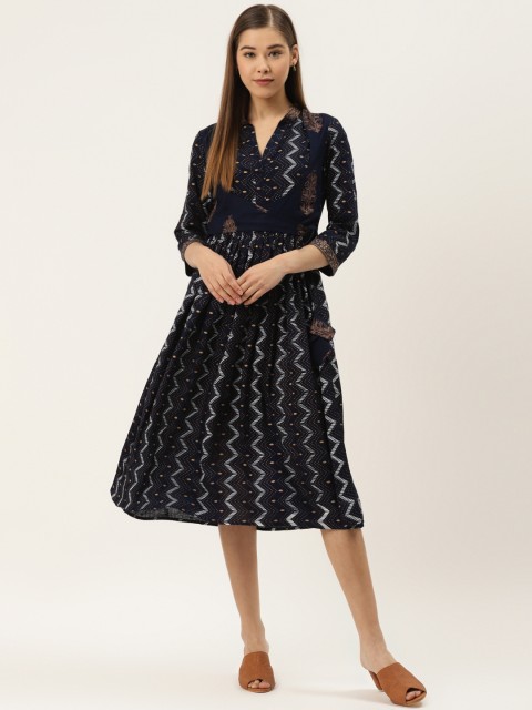 

MABISH by Sonal Jain Women Navy Blue Geometric Printed A-Line Dress