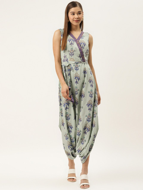 

MABISH by Sonal Jain Women Green & Blue Printed Wrap Drop Crotch Jumpsuit With Belt