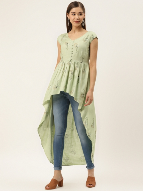 

MABISH by Sonal Jain Women Green & Golden Block Printed High-Low Tunic