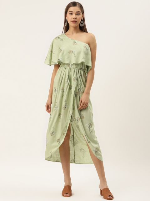 

MABISH by Sonal Jain Women Green & Black One-Shoulder Printed A-Line Dress