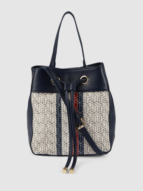 

Tommy Hilfiger Beige & Navy Blue MAYA-RAISED Printed Handheld Bag