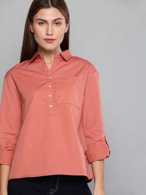 

Harvard Women Peach-Coloured Regular Fit Solid Half Placket Casual Shirt