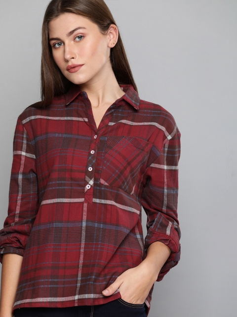 

Harvard Women Red & Blue Regular Fit Checked Half Placket Casual Shirt