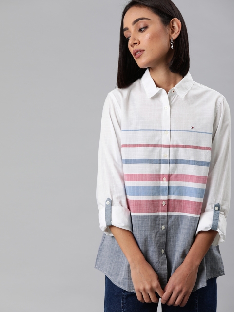 

Tommy Hilfiger Women White & Blue Relaxed Regular Fit Striped Casual Shirt