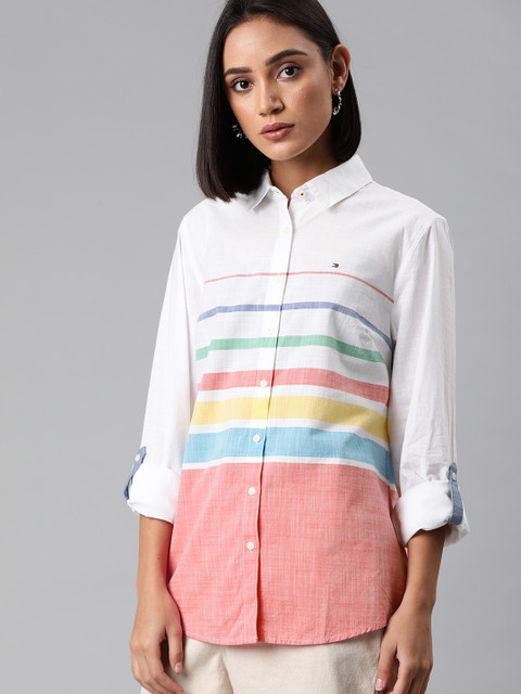 

Tommy Hilfiger Women White & Pink Relaxed Regular Fit Striped Casual Shirt