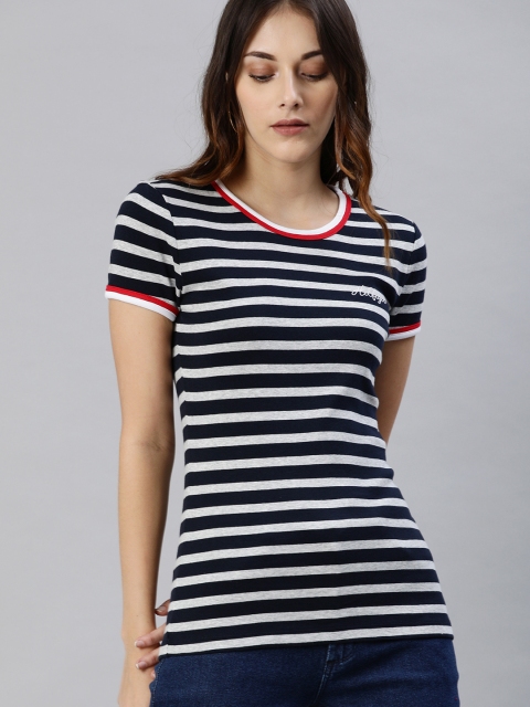 

Tommy Hilfiger Women Navy Blue & Grey Melange Striped Round Neck T-shirt