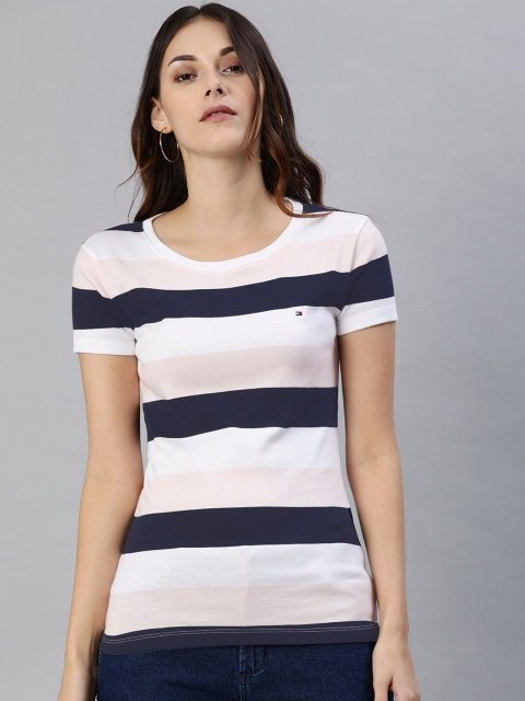 

Tommy Hilfiger Women Navy Blue & Pink Striped Round Neck T-shirt