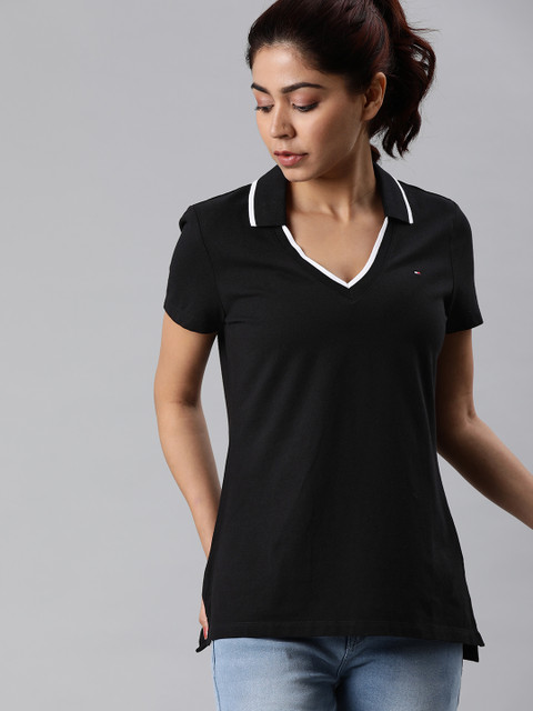 

Tommy Hilfiger Women Black Solid V-Neck T-shirt