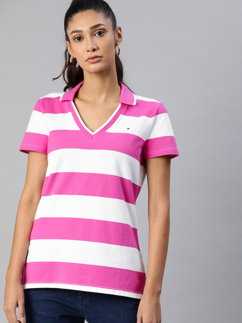 

Tommy Hilfiger Women Pink Striped Polo Collar T-shirt
