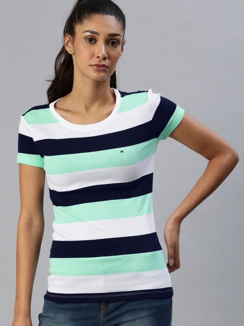 

Tommy Hilfiger Women Sea Green & Navy Blue Striped Round Neck T-shirt