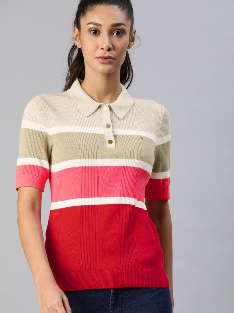 

Tommy Hilfiger Women Beige Red Colourblocked Polo Collar Pure Cotton T-shirt
