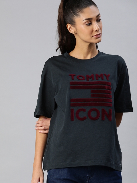 

Tommy Hilfiger Women Navy Blue Printed Round Neck T-shirt with Applique Detail
