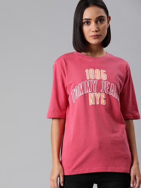 

Tommy Hilfiger Women Pink Printed Round Neck Longline T-shirt
