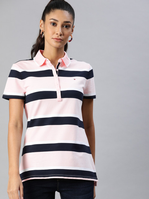 

Tommy Hilfiger Women Pink Striped Polo Collar T-shirt