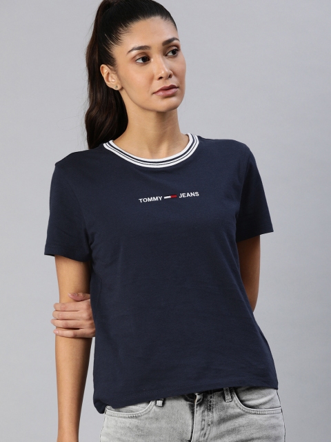

Tommy Hilfiger Women Navy Blue Solid Round Neck T-shirt with Embroidery