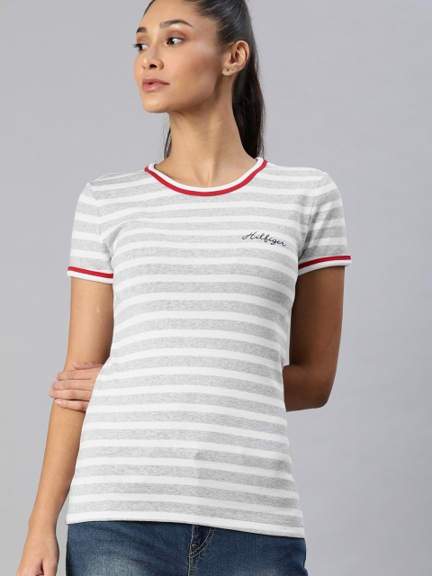 

Tommy Hilfiger Women Grey & White Striped Round Neck T-shirt