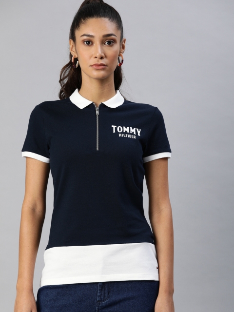

Tommy Hilfiger Women Navy Blue Colourblocked Polo Collar T-shirt