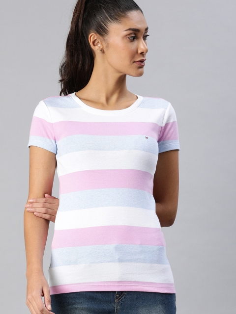 

Tommy Hilfiger Women White & Pink Striped Round Neck T-shirt