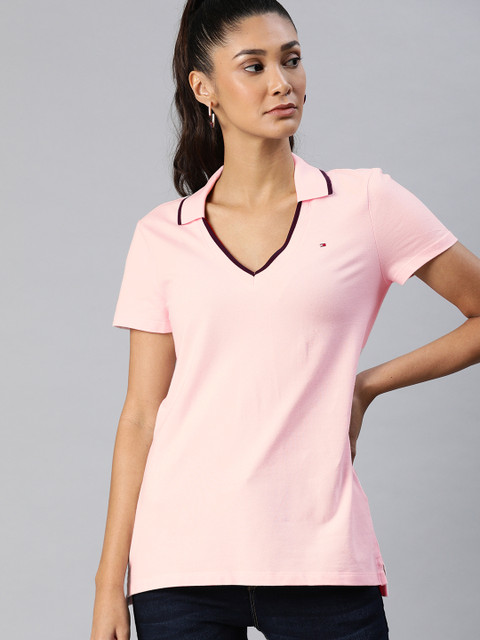 

Tommy Hilfiger Women Pink Solid V-Neck T-shirt