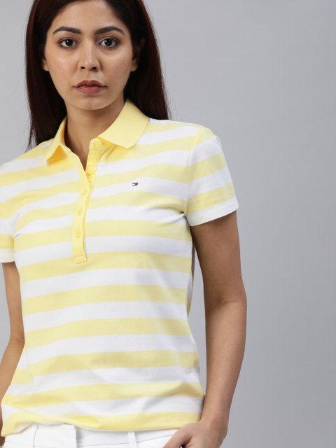 

Tommy Hilfiger Women Yellow and White Striped Polo Collar T-shirt