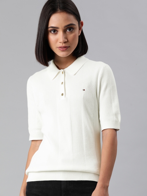 

Tommy Hilfiger Women White Self-Striped Polo Collar Pure Cotton T-shirt