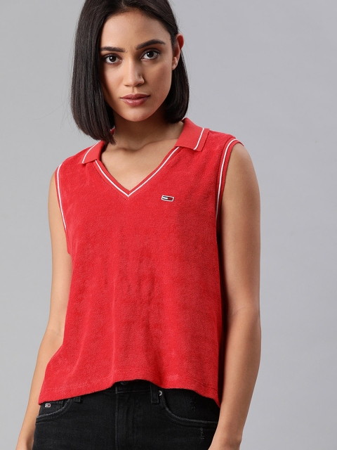 

Tommy Hilfiger Women Red Solid V-Neck T-shirt