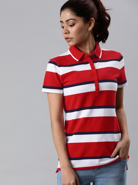 

Tommy Hilfiger Women Red & White Striped Polo Collar T-shirt