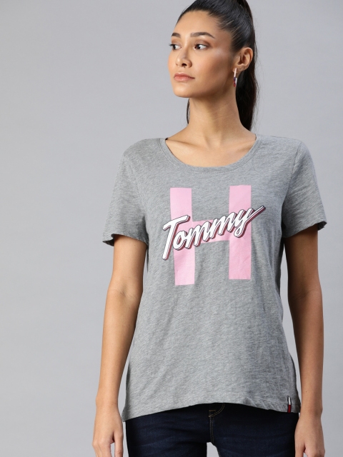 

Tommy Hilfiger Women Grey Melange Striped Round Neck T-shirt