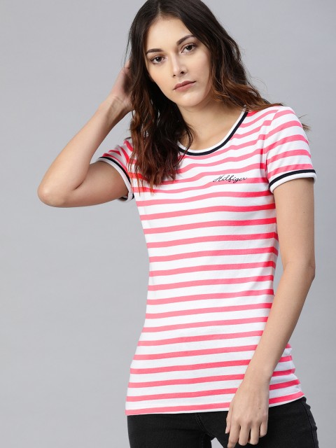 

Tommy Hilfiger Women Pink Striped Round Neck T-shirt