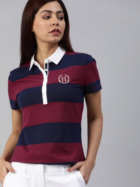 

Tommy Hilfiger Women Red and Blue Striped Polo Collar T-shirt