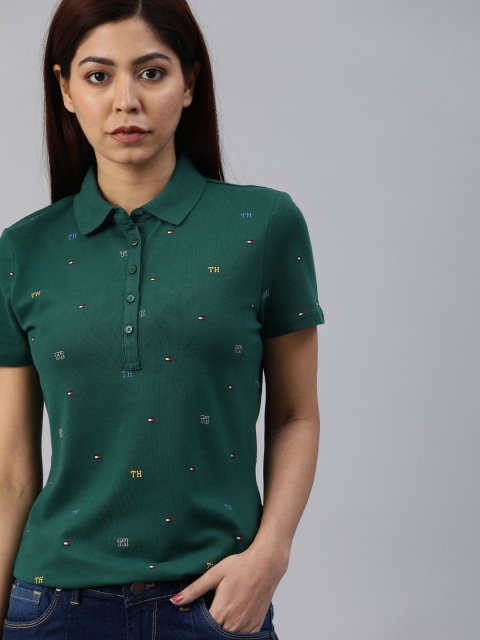 

Tommy Hilfiger Women Green Solid Printed Polo Collar T-shirt