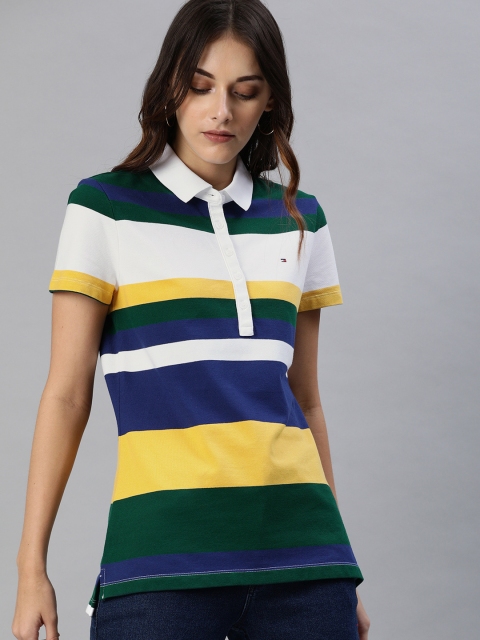 

Tommy Hilfiger Women Mustard Yellow & Navy Blue Striped Polo Collar T-shirt