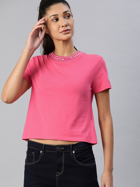 

Tommy Hilfiger Women Pink Solid Round Neck Cropped T-shirt