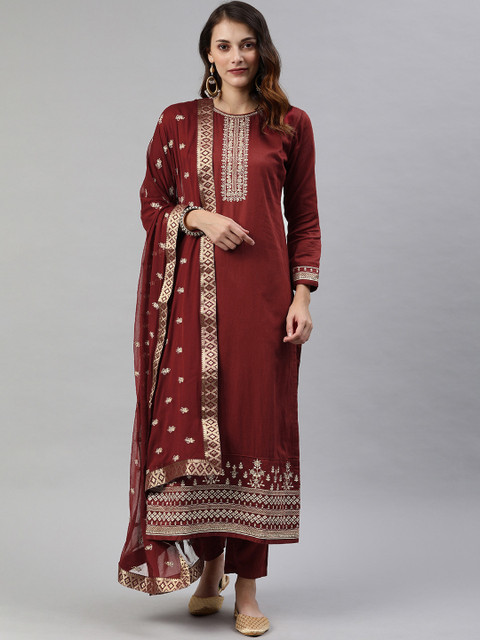 

Inddus Maroon & Gold-Coloured Embroidered Silk Blend Unstitched Dress Material