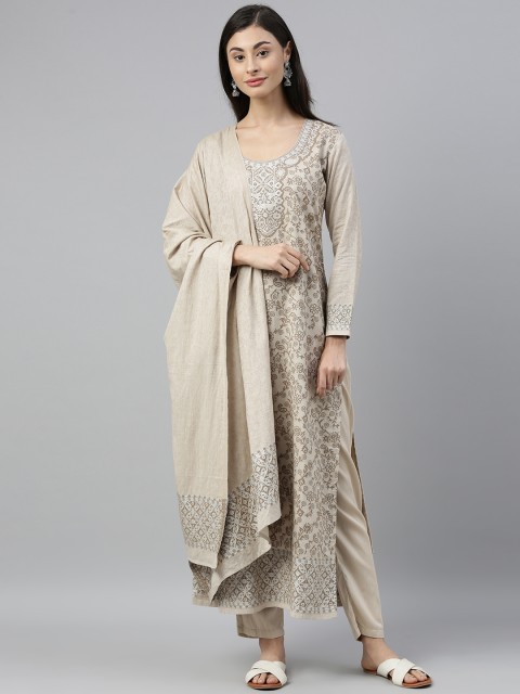 

Inddus Beige Silk Blend Woven Design Handloom Unstitched Dress Material