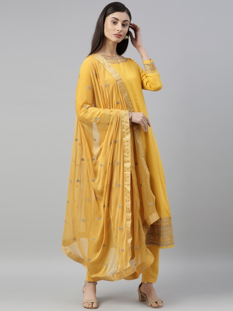

Inddus Mustard Yellow & Gold-Coloured Embroidered Silk Blend Unstitched Dress Material