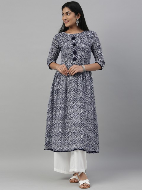 

Inddus Women Blue & White Printed A-Line Kurta