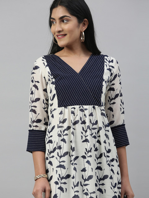 

Inddus Women White & Blue Printed A-Line Kurta