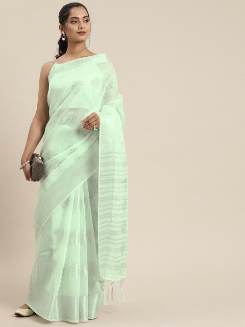 

Inddus Sea Green & Silver-Coloured Linen Blend Woven Design Saree