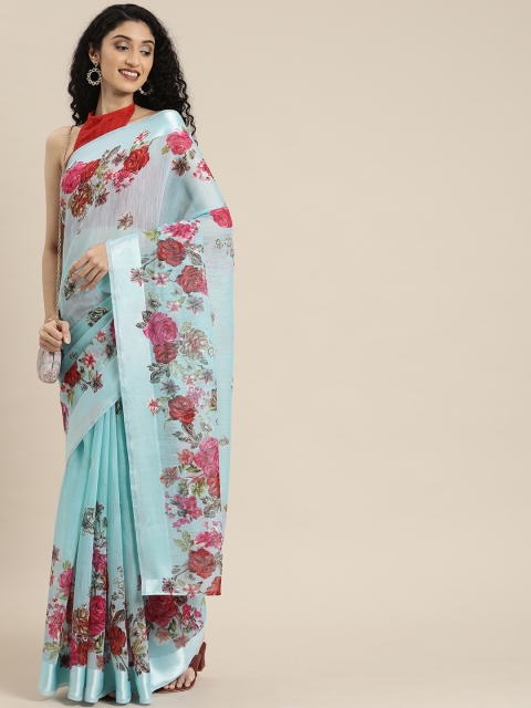 

Inddus Blue & Pink Cotton Blend Floral Printed Saree